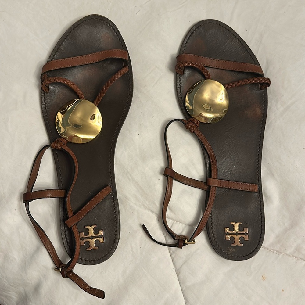 Tory Burch Patos multi strap sandles brown with gold medallion used 9.5